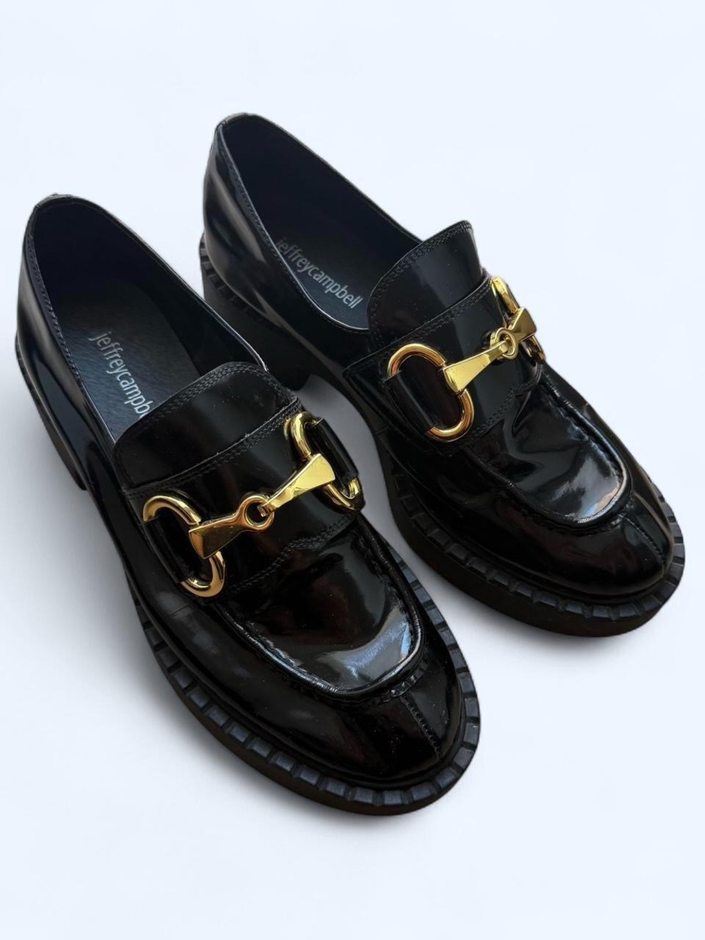 Jeffrey Campbell Black Patent Loafers with Gold Hardware